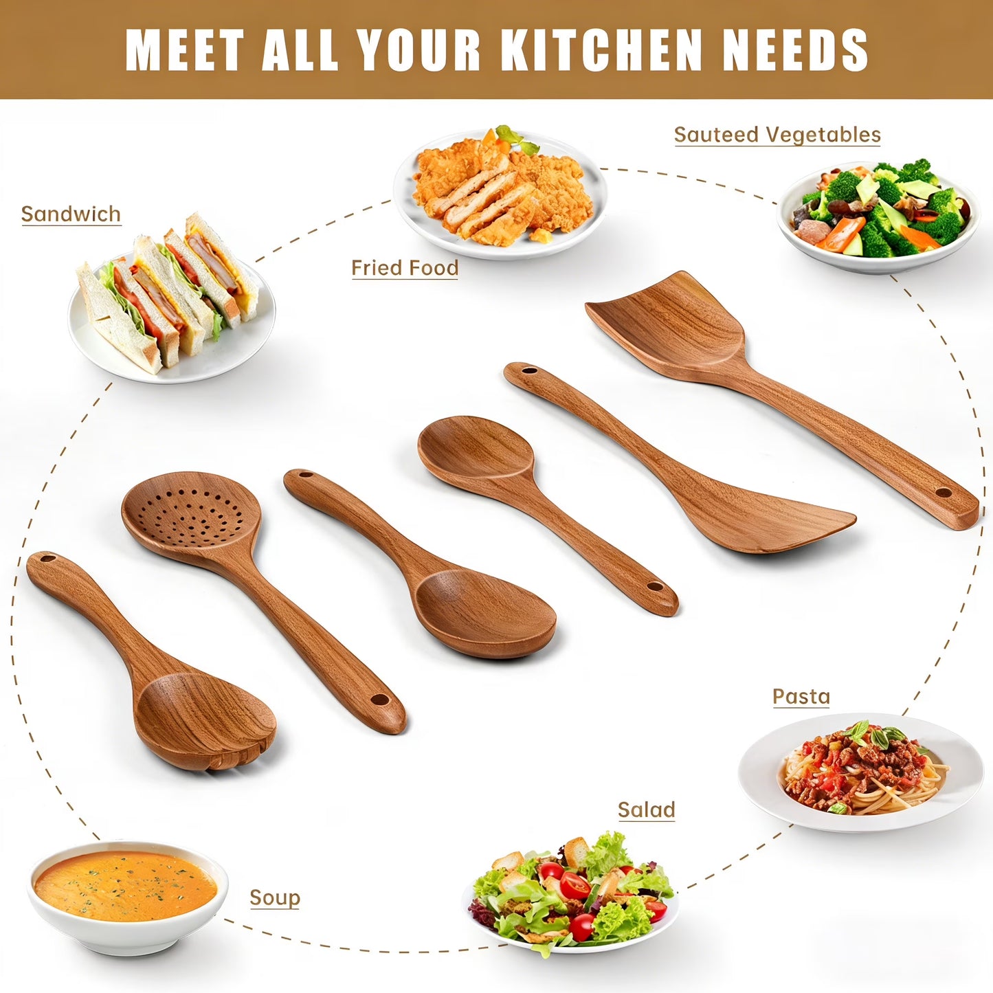 Wooden Spoons for Cooking, 6 PCS Teak Wood Cooking Utensil Set, Wooden Kitchen Utensils for Nonstick Pans & Cookware, Spoons and Spatula Set, Sturdy, Lightweight & Heat Resistant