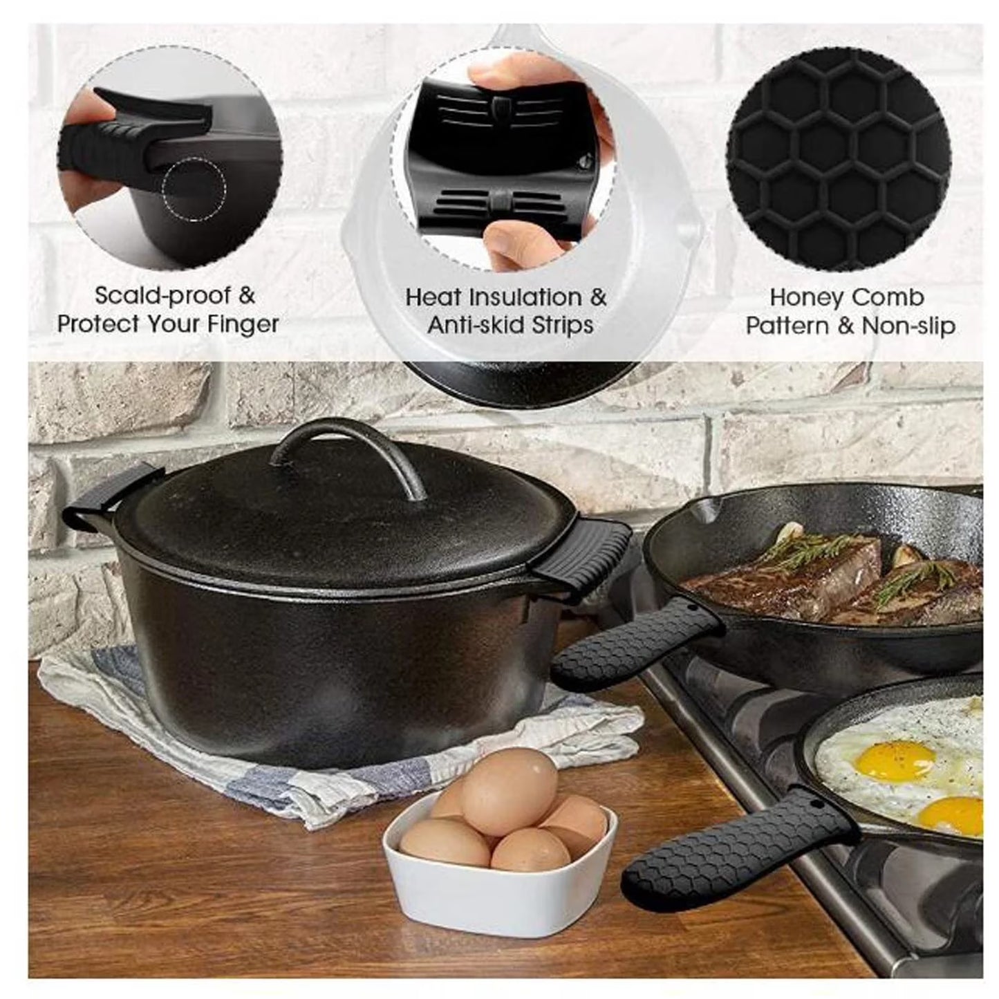 6 Pcs Silicone Pot Holders Set Cast Iron Handle Cover Heat Resistant Pot Handle Covers Potholder Non Slip Reusable Pan Sleeve for Frying Pan Kitchen Supplies(Black)