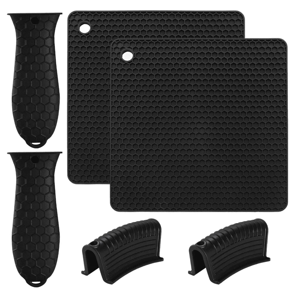 6 Pcs Silicone Pot Holders Set Cast Iron Handle Cover Heat Resistant Pot Handle Covers Potholder Non Slip Reusable Pan Sleeve for Frying Pan Kitchen Supplies(Black)