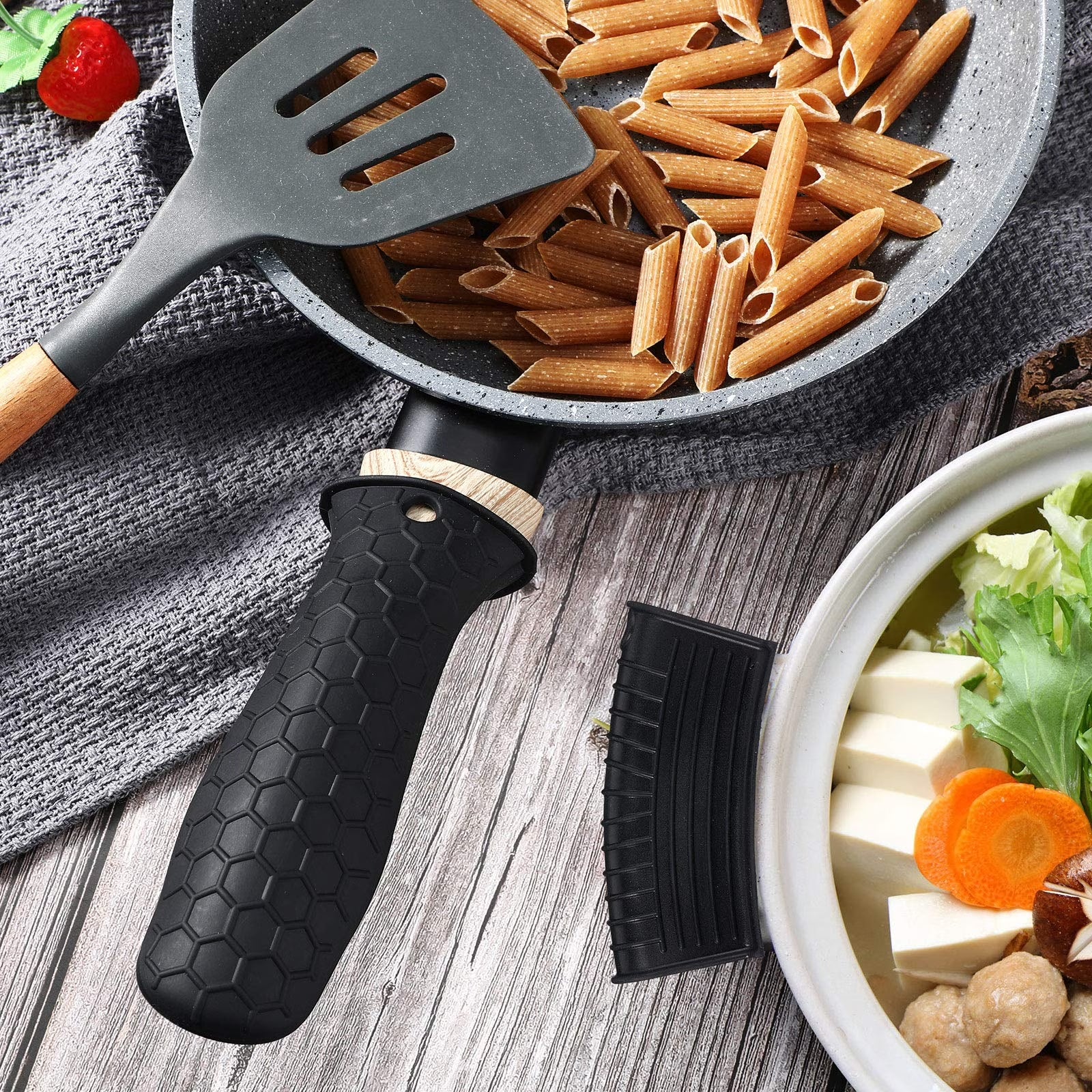 6 Pcs Silicone Pot Holders Set Cast Iron Handle Cover Heat Resistant Pot Handle Covers Potholder Non Slip Reusable Pan Sleeve for Frying Pan Kitchen Supplies(Black)